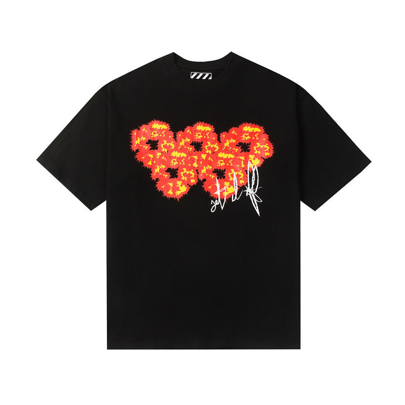 Denim Tears T-shirts Flame Wood Cotton Printed Loose Short Sleeve T-shirt