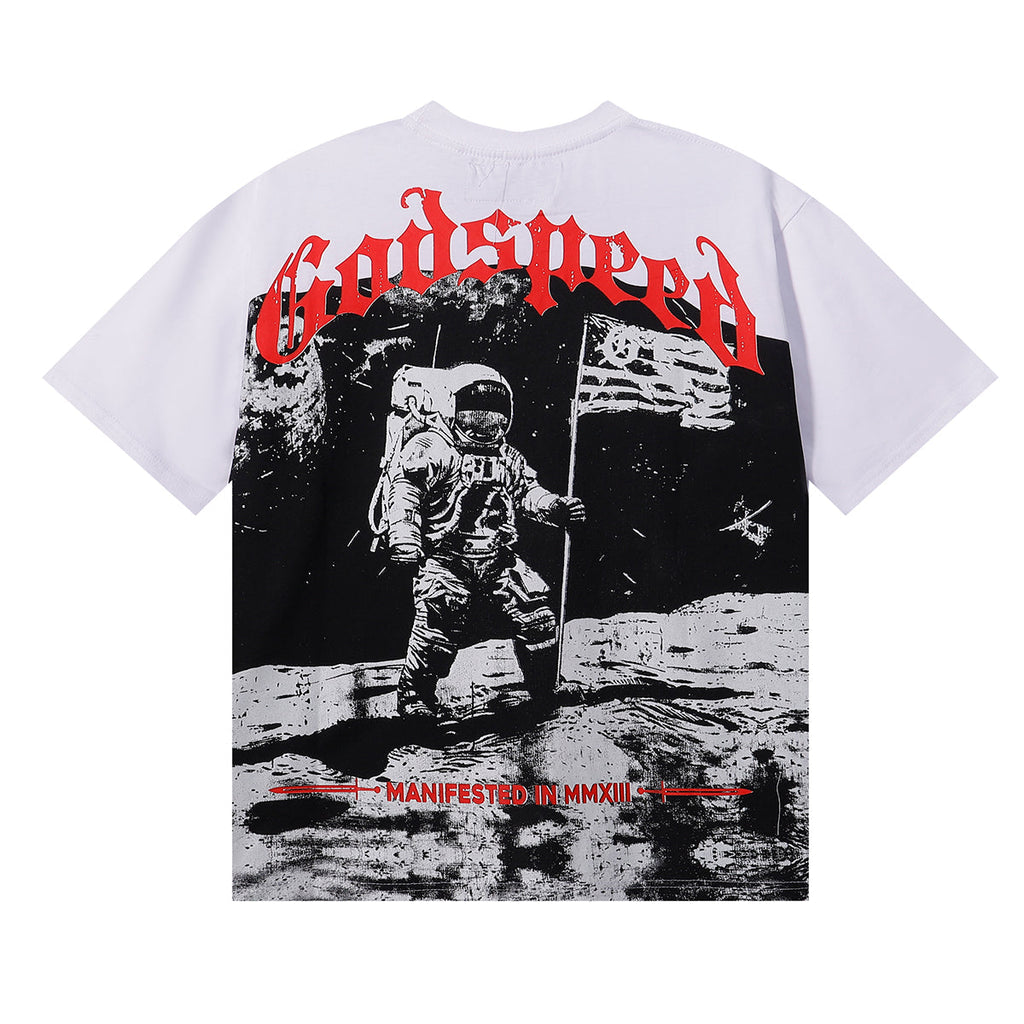 Godspeed T-shirts Astronaut Moon Landing Print Cotton Casual Short Sleeve Men and Women